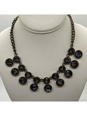 LOFT Ann Taylor Bib Necklace Bronze Tone Smoky Gray Crystal Round Statement